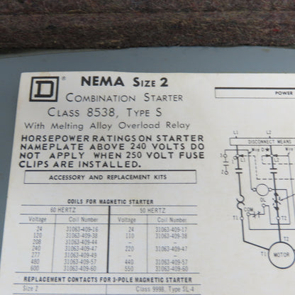 Square D 8538SDG-16 60A 3-Pole Fusible Combo Starter Disconnect Switch Size 2