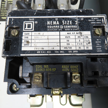 Square D 8538SDG-16 60A 3-Pole Fusible Combo Starter Disconnect Switch Size 2