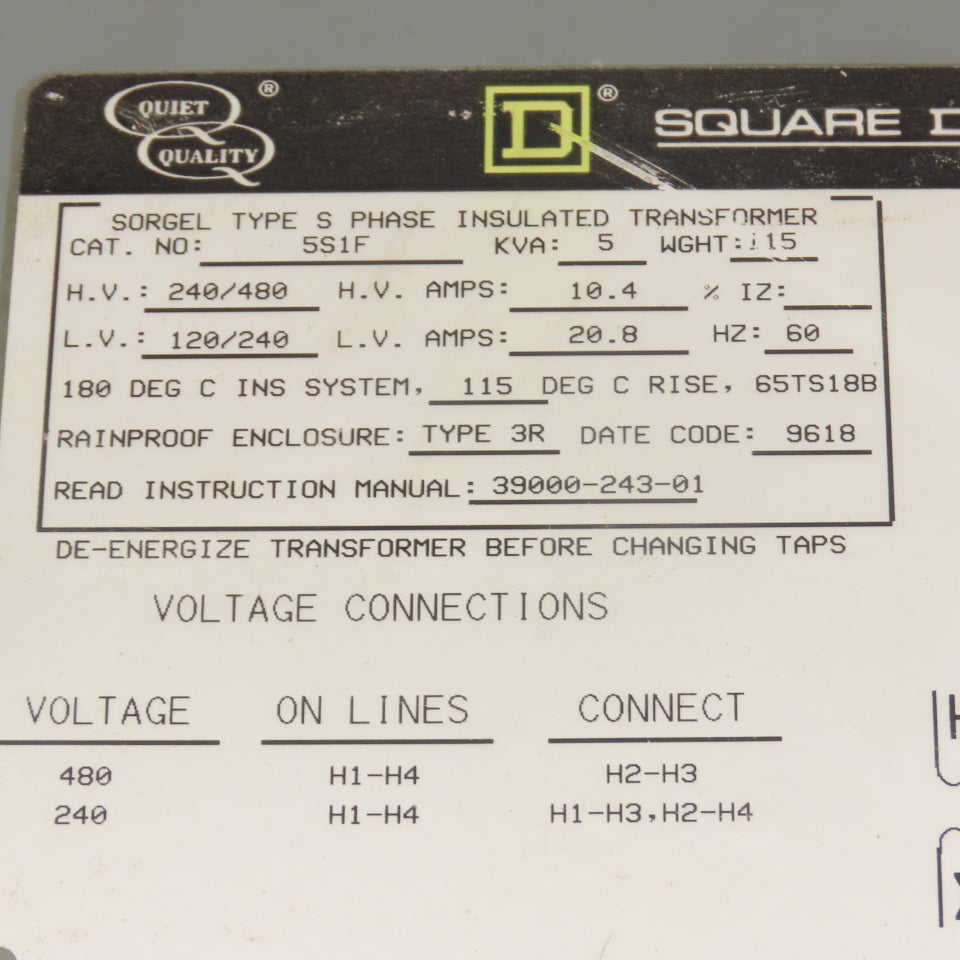 Square D 5S1F 5KVA 1Ph Dry Type Transformer 240/480V Pri 120/240V Sec