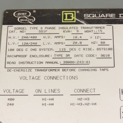 Square D 5S1F 5KVA 1Ph Dry Type Transformer 240/480V Pri 120/240V Sec