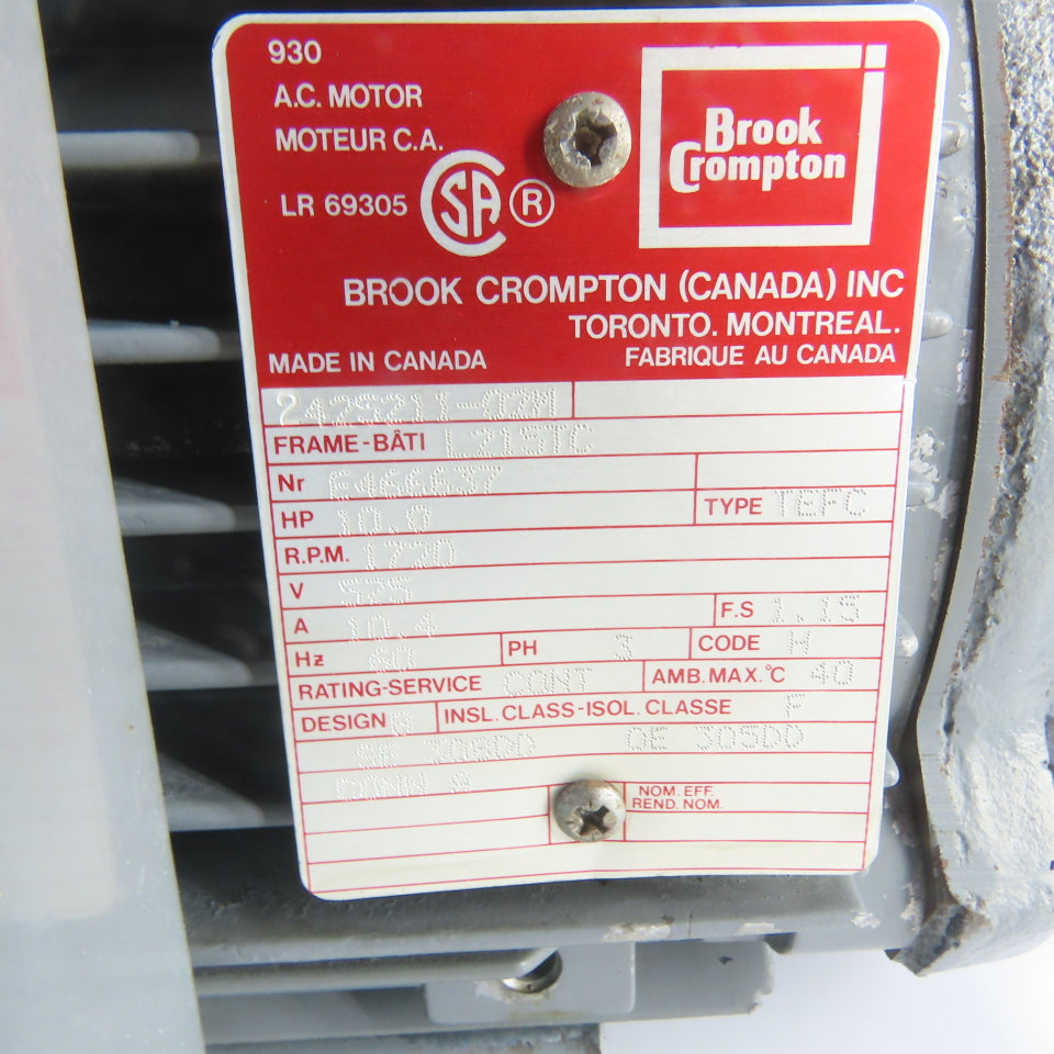 Brook Crompton 2423211-02M 10HP AC Electric Motor 575V 3Ph 213TC Frame 1720RPM