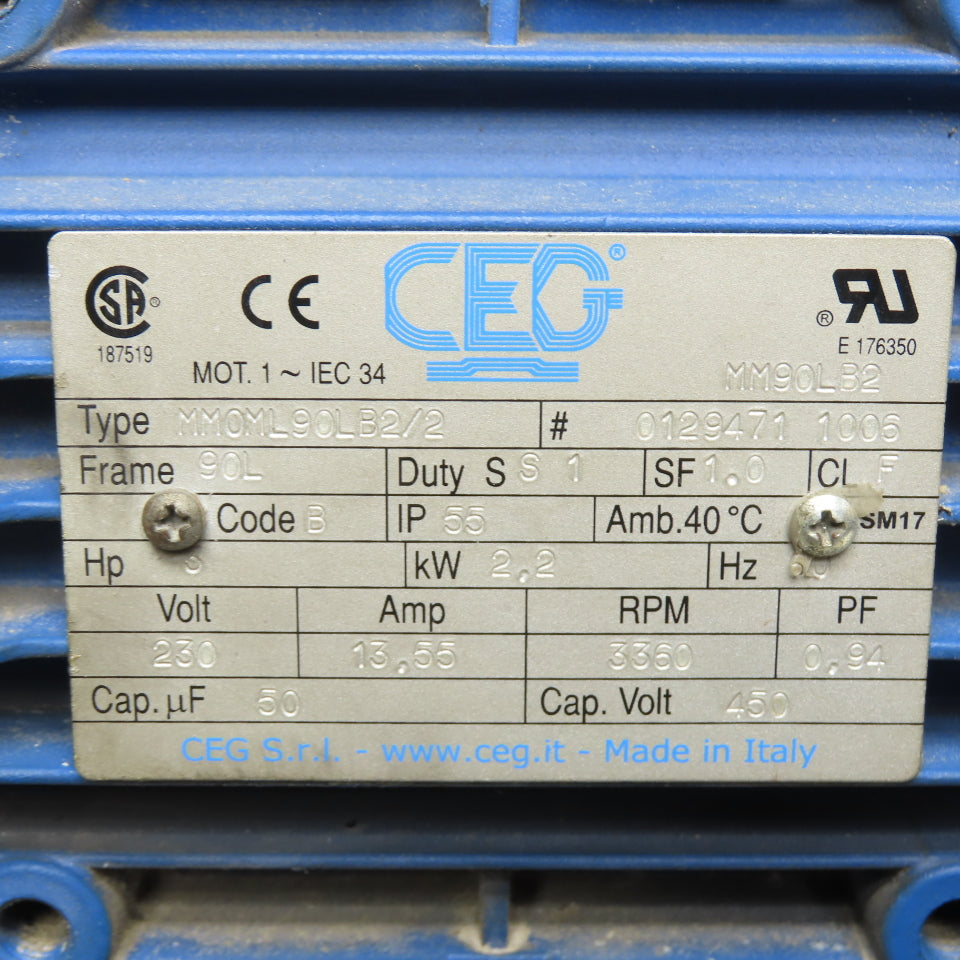 CEG MM90LB2/2 3HP 2.2kW Electric Motor 230V 1Ph 3360RPM 90L Frame
