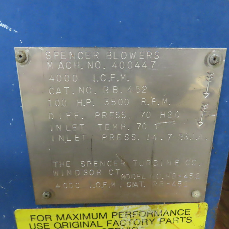 Spencer Turbine RB-452 4000 CFM 36"Centrifugal Blower 100HP 460V 3pH