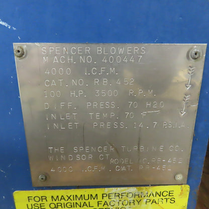 Spencer Turbine RB-452 4000 CFM 36"Centrifugal Blower 100HP 460V 3pH