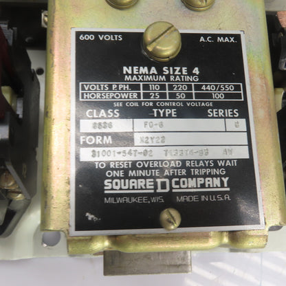 Square D 8536 F0-6 NEMA Size 4 3-Pole Magnetic Motor Starter 600VAC Ser C