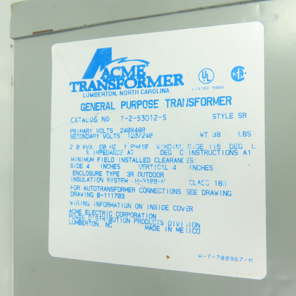 Acme T-2-53012-S 2KVA General Purpose Transformer 240/480V Pri 120/240V Sec 1Ph