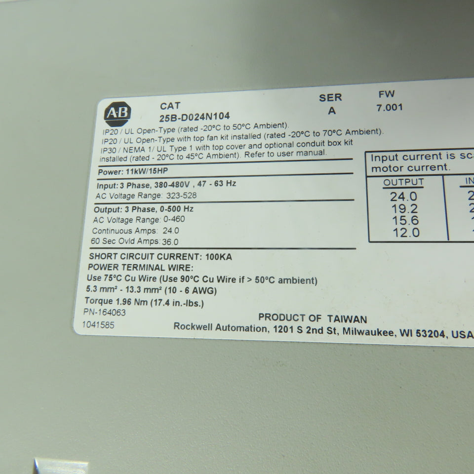 Allen-Bradley 25B-D024N104 15HP PowerFlex 525 Drive 480VAC 3Ph Ser A FW 7.001