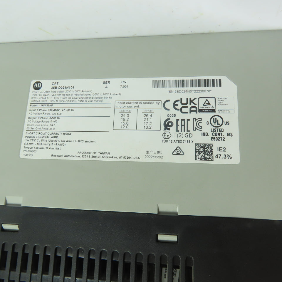 Allen-Bradley 25B-D024N104 15HP PowerFlex 525 Drive 480VAC 3Ph Ser A FW 7.001
