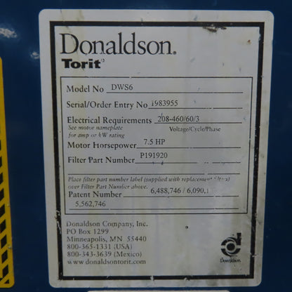 Donaldson Torit DWS6 7.5Hp Downflo Workstation Dust Collector Booth 208/480V
