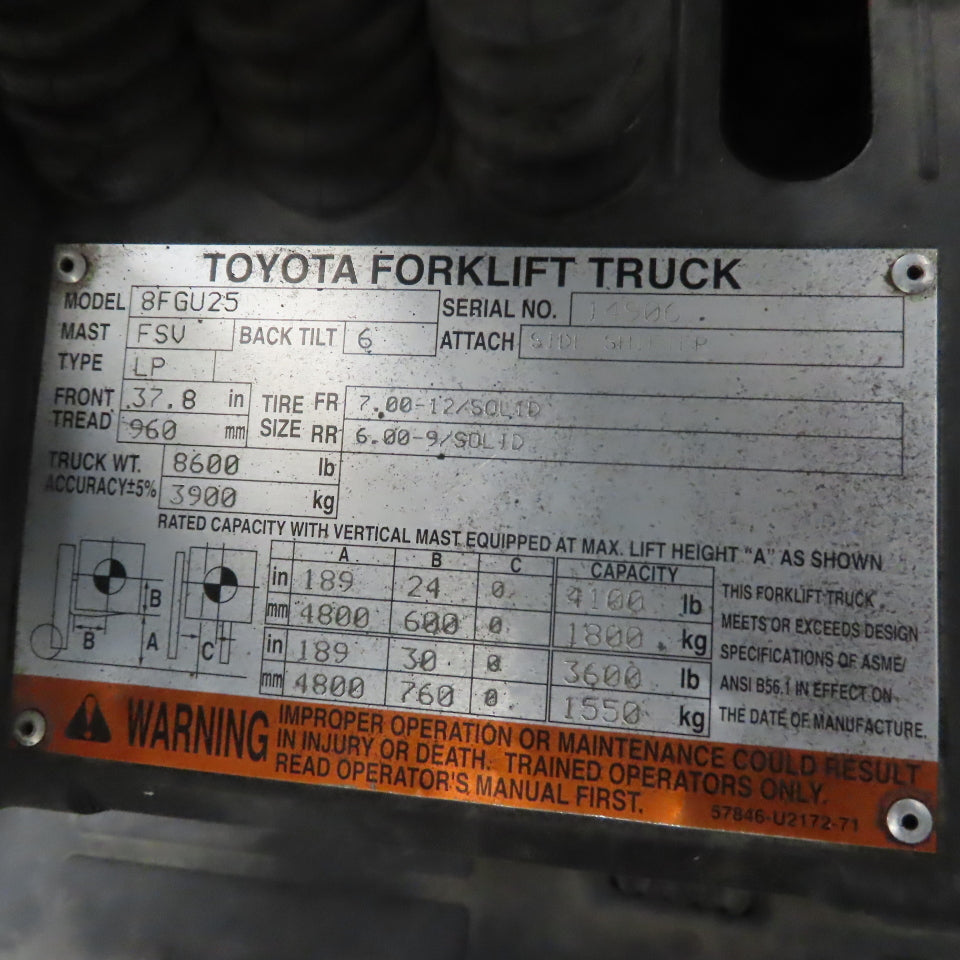 Toyota 8FGU25 4100Lbs. 3 Stage LP Gas Forklift 189" Lift 48"x4" Forks 2007