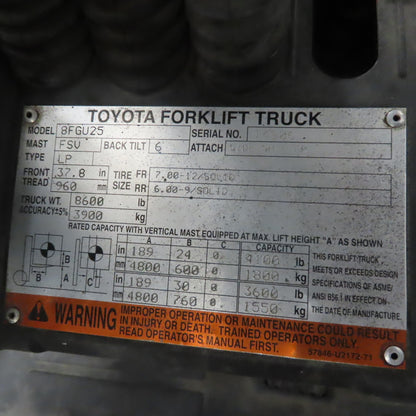 Toyota 8FGU25 4100Lbs. 3 Stage LP Gas Forklift 189" Lift 48"x4" Forks 2007