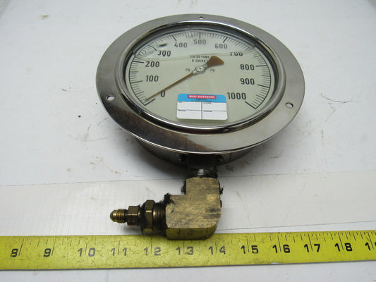 6" Flanged Mount Liquid Filled Pressure Gauge 0-1000 Psi 1/2" npt Bottom