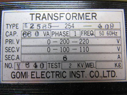 Gomi Electric E2565-254-409 Transformer 200/220P 100/110V Sec 1Ph. 2 KV