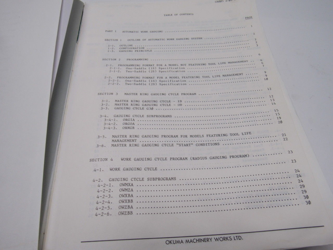 Okuma OSP500(0)L-G LB9 CNC Gauging Manual 2nd Edition Nov. 1988 Publ .# CB005-R1