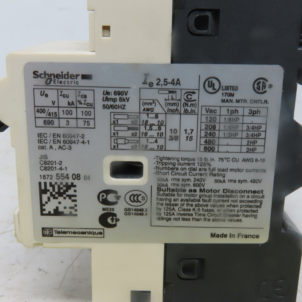 Schneider Electric GV2-RT08 Manual Motor Starter 3 Pole 600V 2Hp 2.5-4A Overload
