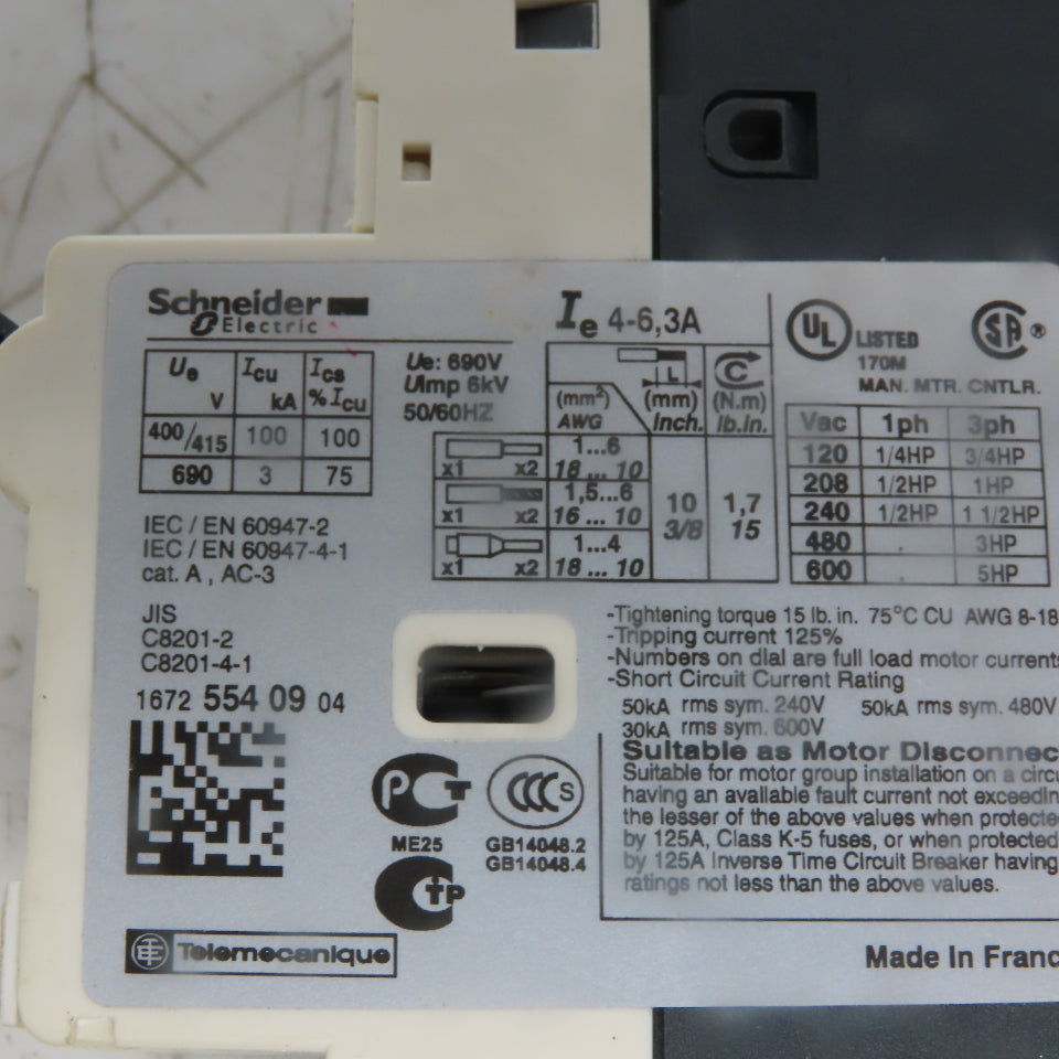 Schneider Electric CV2-RT10 Manual Motor Starter 3 Pole 600V 5Hp 4A-6.3 Overload