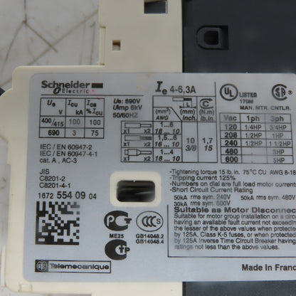 Schneider Electric CV2-RT10 Manual Motor Starter 3 Pole 600V 5Hp 4A-6.3 Overload