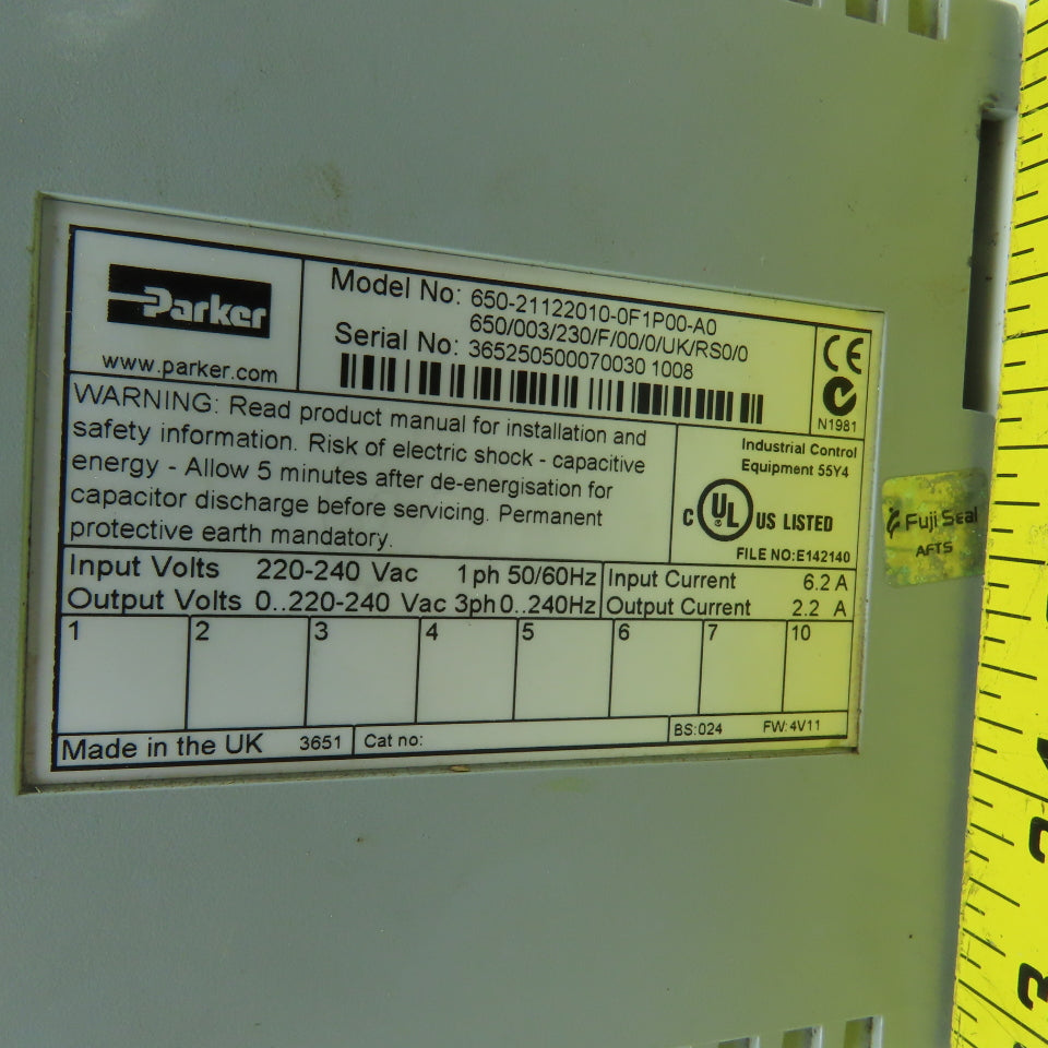 Parker 650-21122010-0F1P00-A0 1/2HP AC Drive 0-240V 3PH 2.2A Output