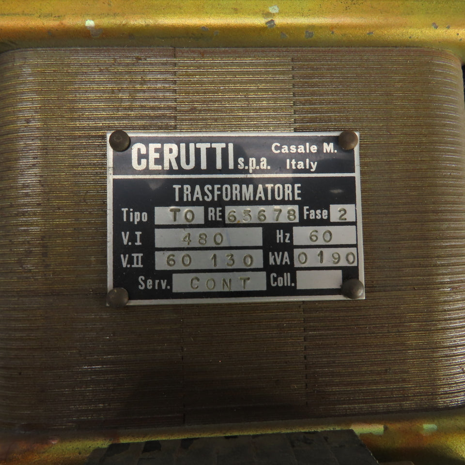 Cerutti Type TO 0190kVA Transformer Primary 480V Secondary 60/130V 1PH 60HZ