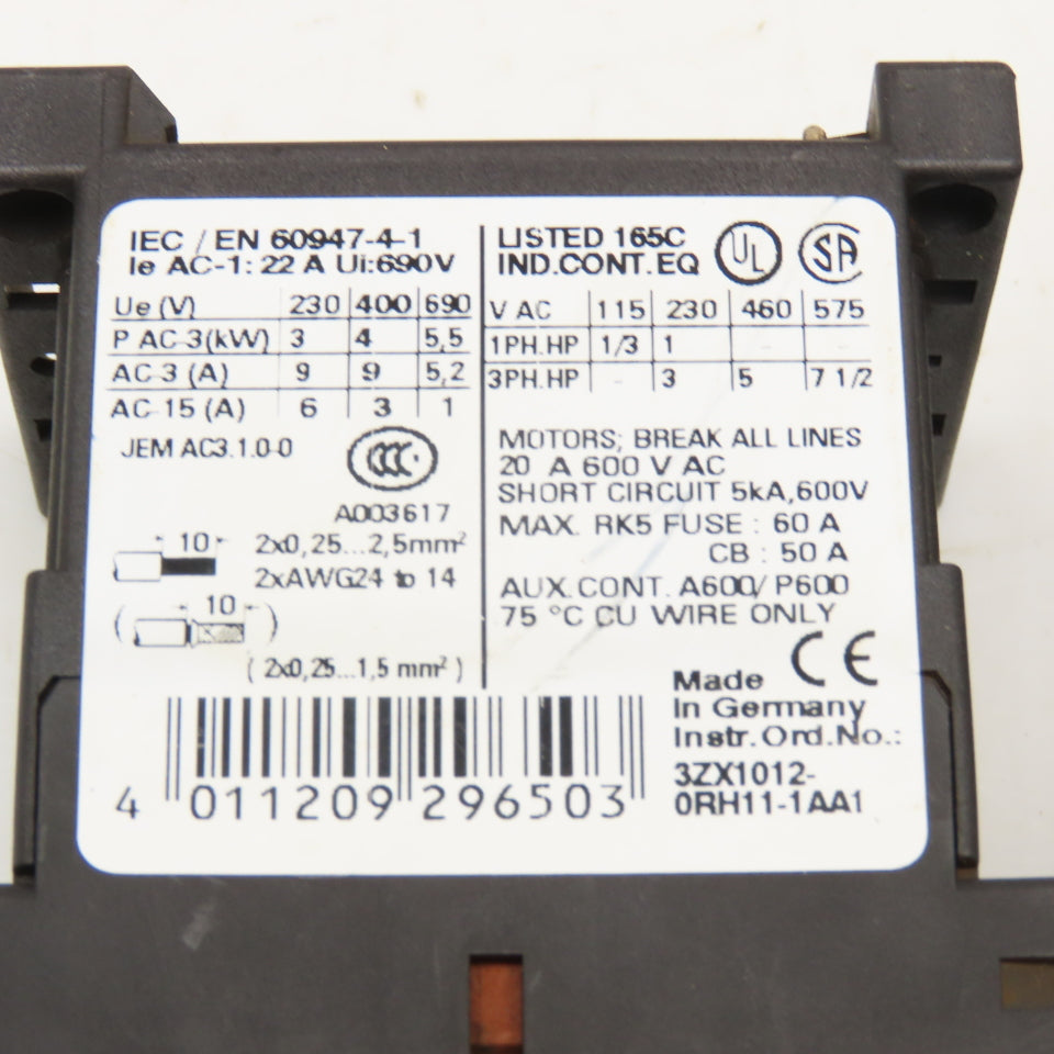 Siemens 3RT1016-2BB41 600V 20A 3Ph 7.5Hp Contactor Motor Starter Lot Of 2