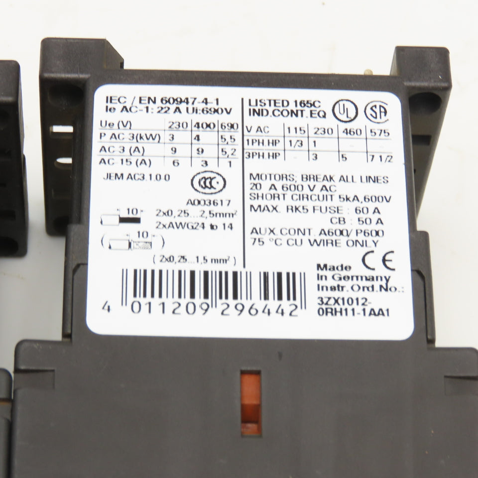 Siemens 3ZX1012-0RH11-1AA1 600V 20A 7.5Hp Motor Starter Contactor Lot Of 2