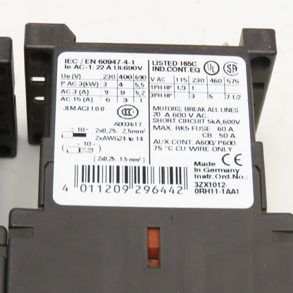 Siemens 3ZX1012-0RH11-1AA1 600V 20A 7.5Hp Motor Starter Contactor Lot Of 2