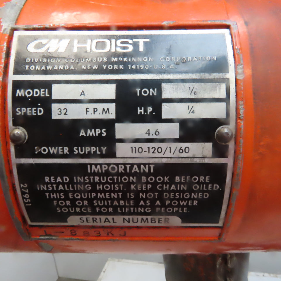Lodestar Model A 1/8 Ton Electric Chain Hoist 10' Lift 32FPM 120V 1Ph