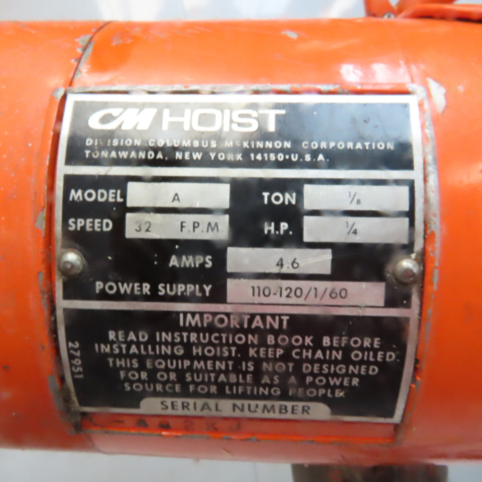 Lodestar Model A 1/8 Ton Electric Chain Hoist 10' Lift 32FPM 120V 1Ph