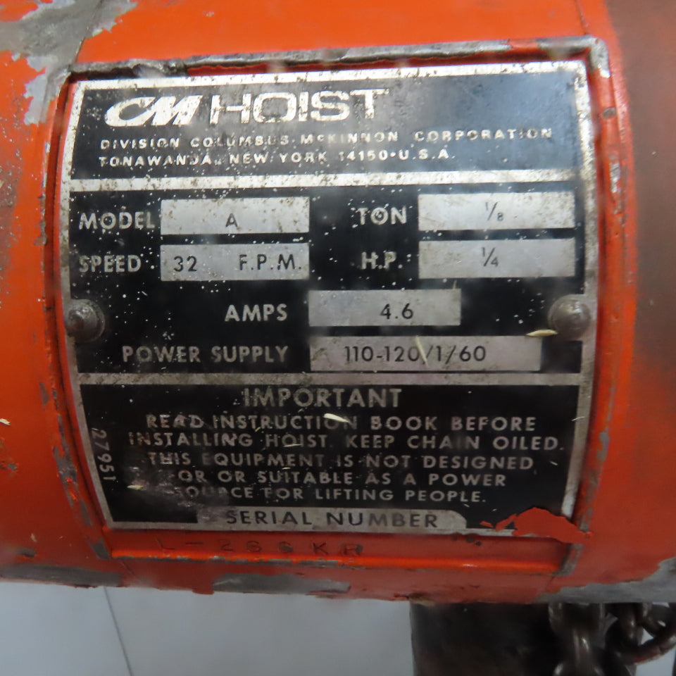 Lodestar Model A 1/8 Ton Electric Chain Hoist 10' Lift 32FPM 120V 1Ph