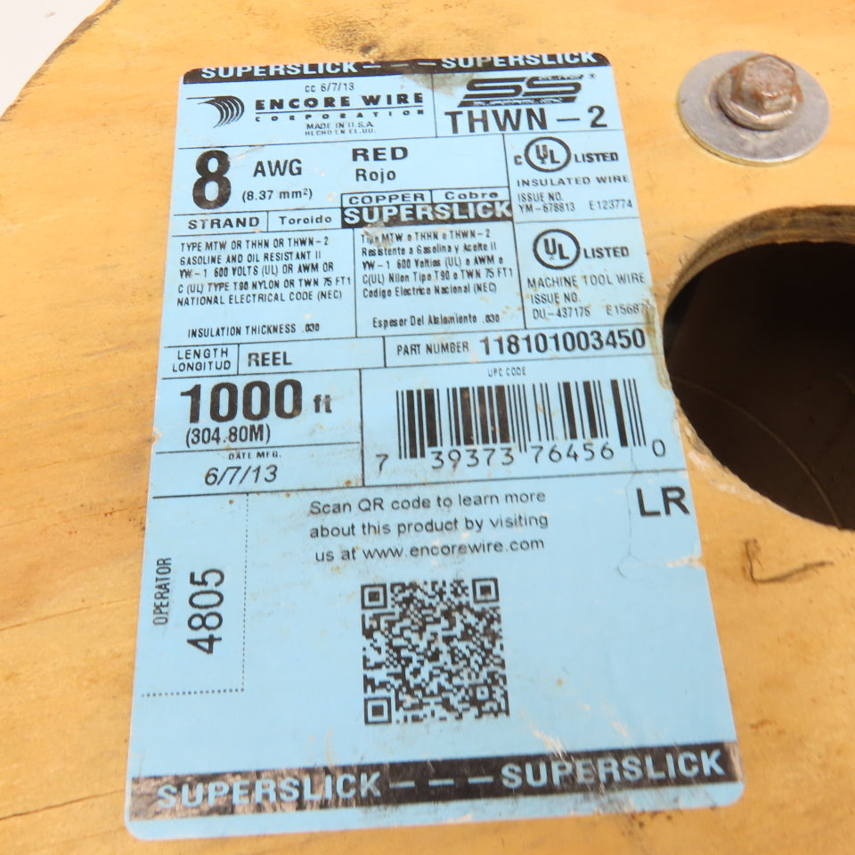 Encore 118101003450 8 AWG Strand Copper Wire THWN-2 RED 65'