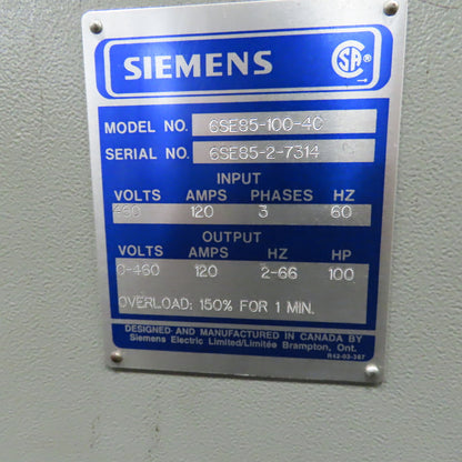 Siemens 6SE85-100-4C 100HP 120A AC Drive 460V 3PH Input 0-460V 2-66Hz Output