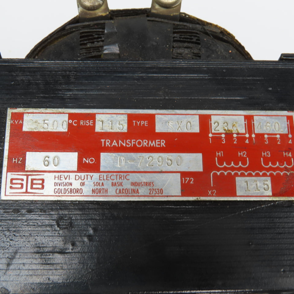 Hevi Duty D-72950 Type SX0 230/460V Primary .500kVa 115V Secondary 60Hz