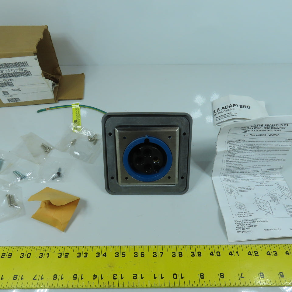 Hubbell L430R9 Blue Wall Mount Pin & Sleeve Receptacle 30A 250VAC 3PH