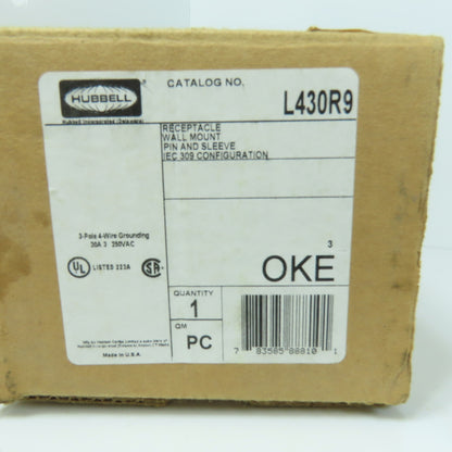 Hubbell L430R9 Blue Wall Mount Pin & Sleeve Receptacle 30A 250VAC 3PH