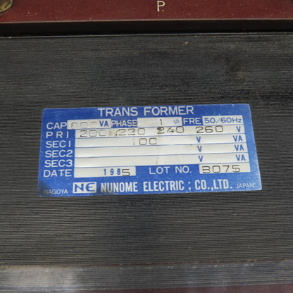 Nunome 200-220/240-260V Pri 50/60Hz 800VA 1Ph 100V Sec. Transformer Tested