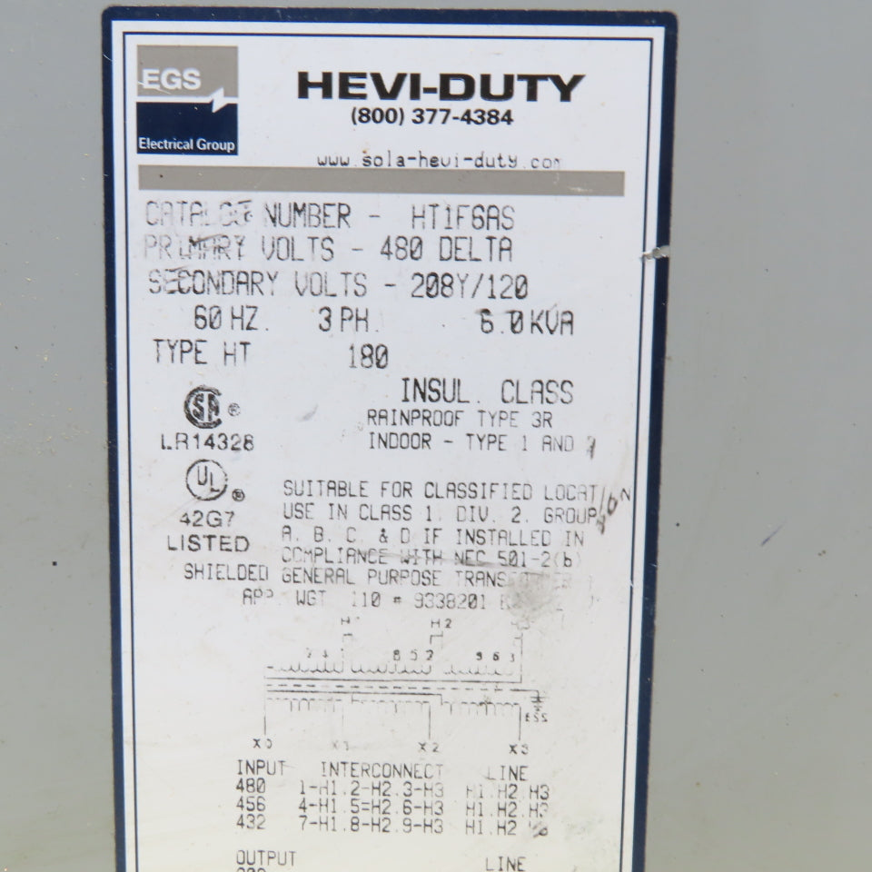 Hevi Duty HT1F6AS 480V Delta Pri 6kVa 208Y/120V Sec 3R Outdoor Transformer