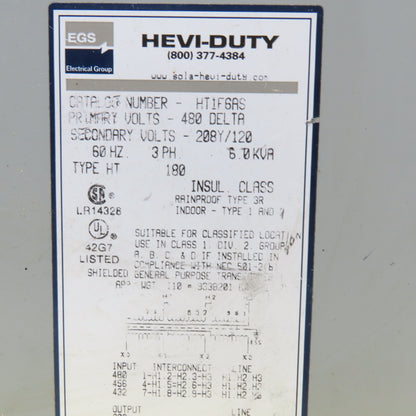 Hevi Duty HT1F6AS 480V Delta Pri 6kVa 208Y/120V Sec 3R Outdoor Transformer