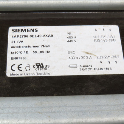 Siemens 4AP2796-0EL40-2XA0 480/440V Pri 21kVa 400V Sec 30.3A Autotransformer
