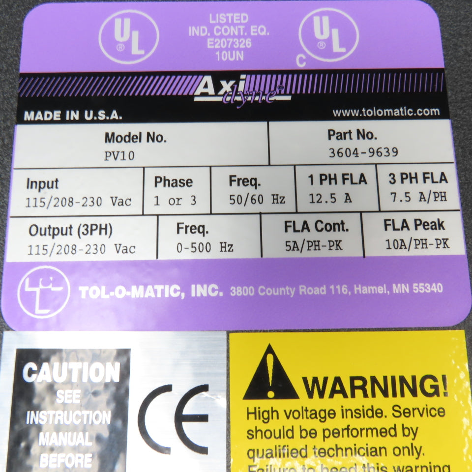 Tolomatic 3604-9639 Axiom Plus PV10 115-208/230V 0-500Hz 1/3 Phase Servo Drive