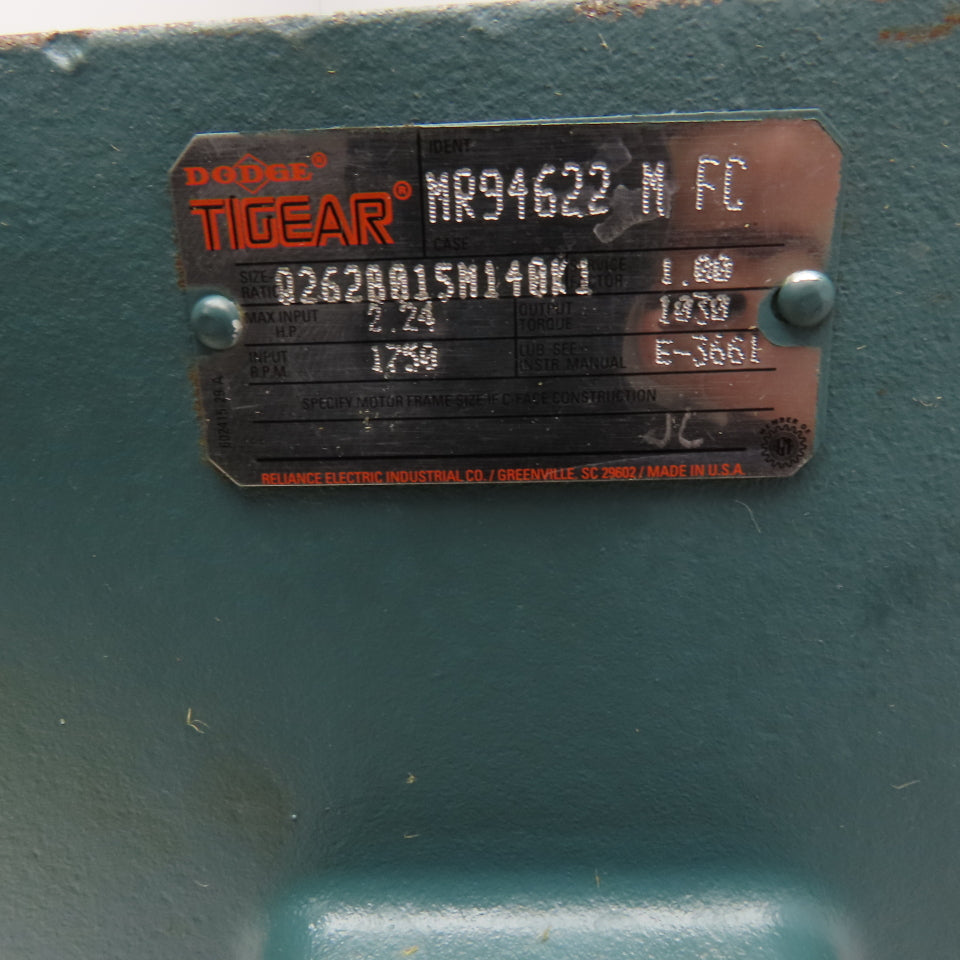 Dodge Q262B015M140K1 15:1 Ratio Right Angle Gear Reducer 116RPM LH Output